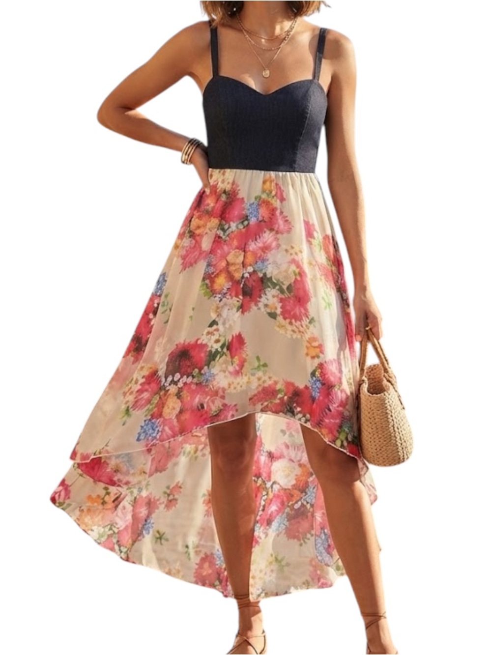 POINT USA Denim Floral Sweetheart Mixed Media Hi-Low Dress Boho Country M